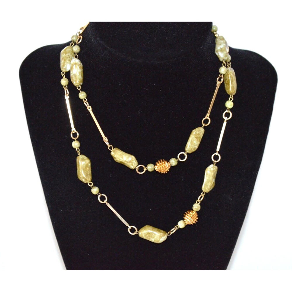 Vintage Green Agate Necklace with Bars Gold Tone Beads 30"‎